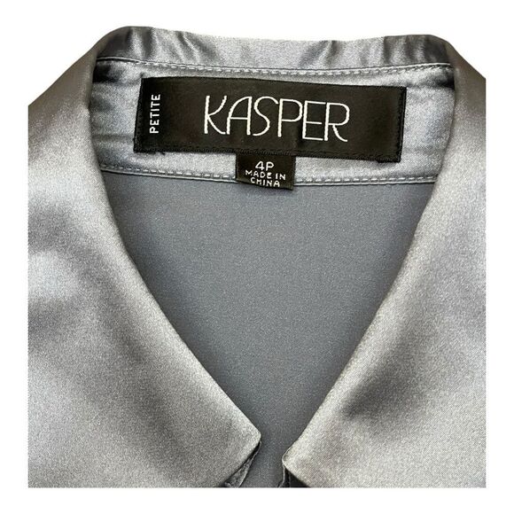 Kasper Charcoal Blazer Trousers Silver Satin Blouse Pantsuit Size 4P Office EUC - Picture 10 of 14